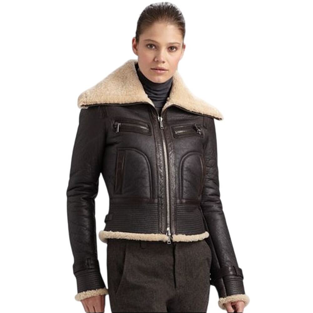 Vince Cropped Aviator Jacket Genuine Brown Leather Shearling Military Size Small